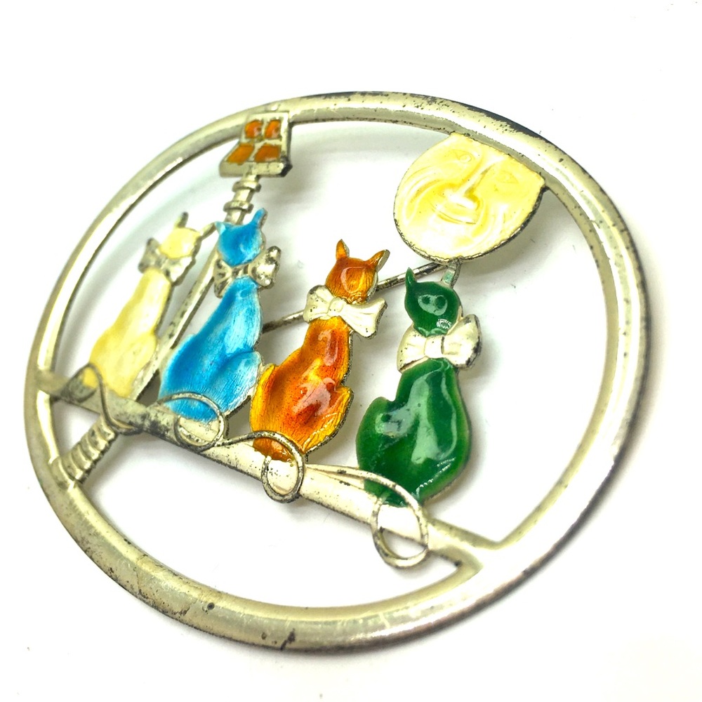 Rare stuart designer  silver enamel night 4 kitty cats with smile brooch pin